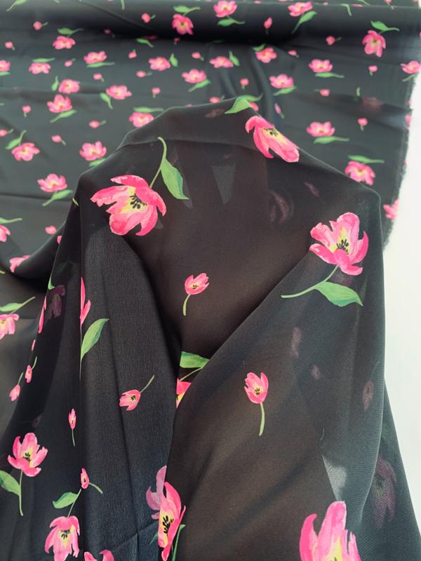 Happy Floral Printed Silk Georgette - Magenta / Green / Black