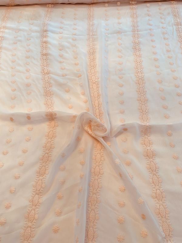 Floral Embroidery on Crinkled Silk Chiffon - Light Blush