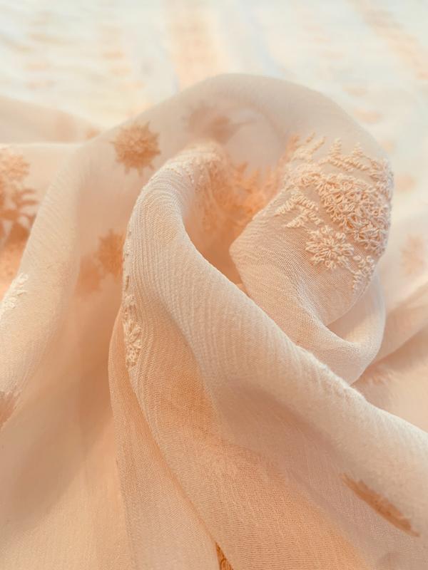 Floral Embroidery on Crinkled Silk Chiffon - Light Blush