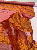 Italian Floral and Dotted Panel Clip Silk Chiffon - Maroon / Saffron Orange