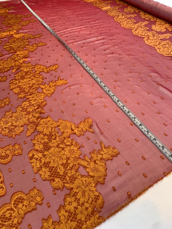 Italian Floral and Dotted Panel Clip Silk Chiffon - Maroon / Saffron Orange