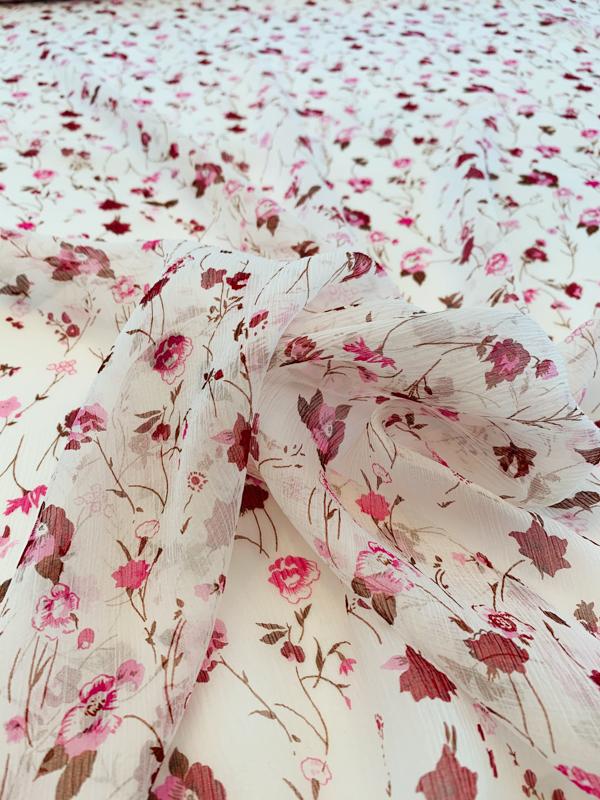 Sweet Floral Printed Crinkled Silk Chiffon - Rose / Pink / Off-White