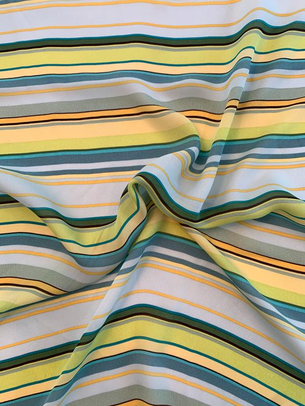 Horizontal Striped Printed Silk Georgette - Lime / Yellow / Teal / Seafoam