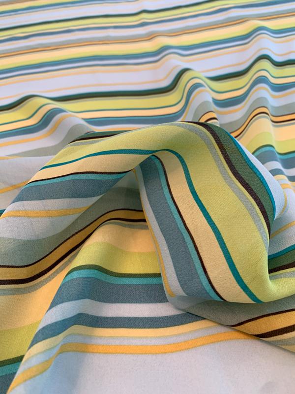 Horizontal Striped Printed Silk Georgette - Lime / Yellow / Teal / Seafoam