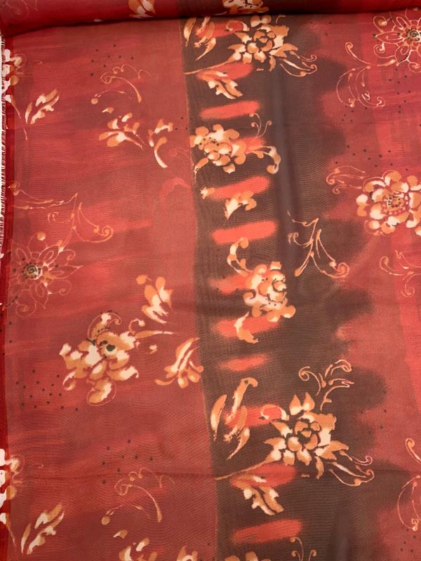 Tie-Dye Like and Floral Printed Polyester Chiffon - Red / Burgundy / Burnt Orange