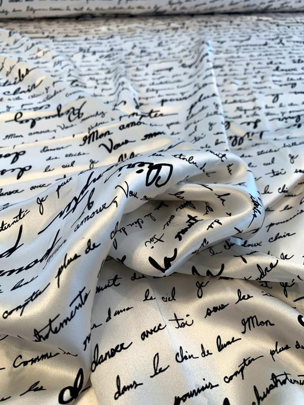 Love Letters in French Printed Silk Charmeuse - Off-White / Black