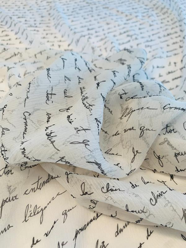 Love Letters in French  Printed Crinkled Silk Chiffon - Off-White / Black