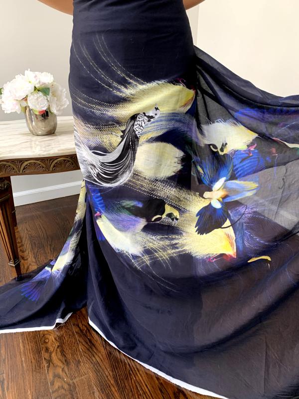 Birds in Rio Printed Paneled Cotton Voile - Navy / Yellow / Royal