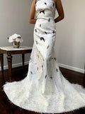 Feather Bordered Novelty Brocade Organza with Lurex - Off-White / Silver
