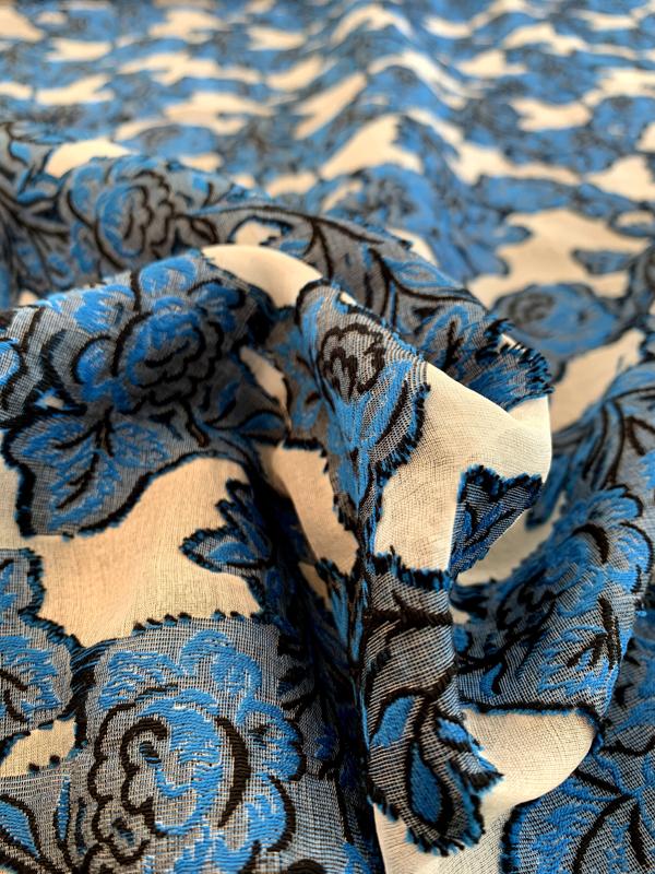 Italian Floral Clip Silk and Cotton Organza - Blue / Lt Grey / Black