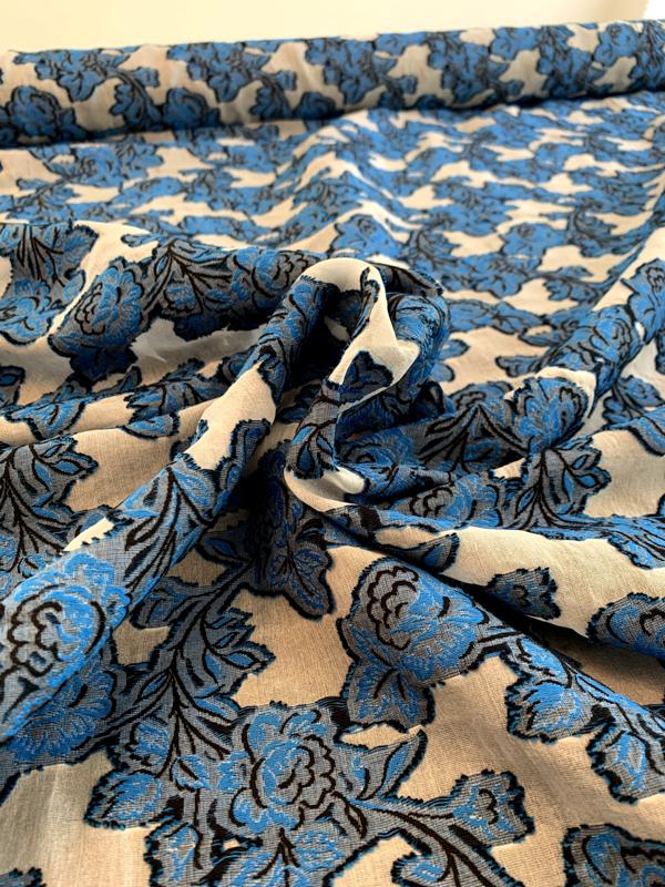 Italian Floral Clip Silk and Cotton Organza - Blue / Lt Grey / Black