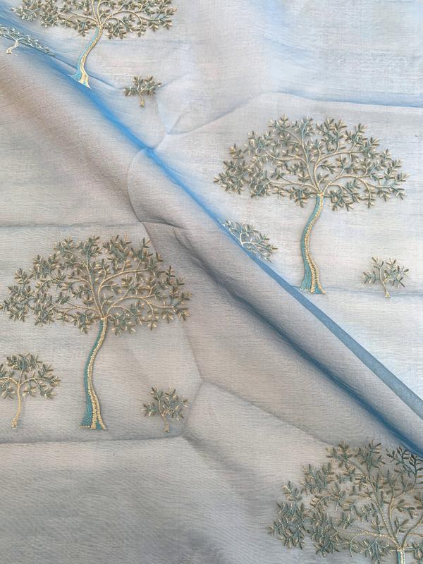 Joshua Tree Embroidered Iridescent Silk Organza - Dusty Turquoise / Beige