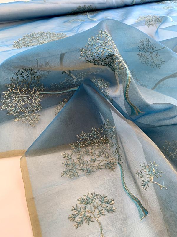 Joshua Tree Embroidered Iridescent Silk Organza - Dusty Turquoise / Beige