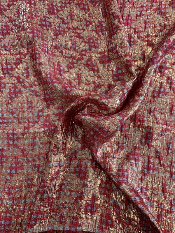Italian Silk and Lurex Printed Lamé with Texture - Strawberry Red / Turquoise / Gold
