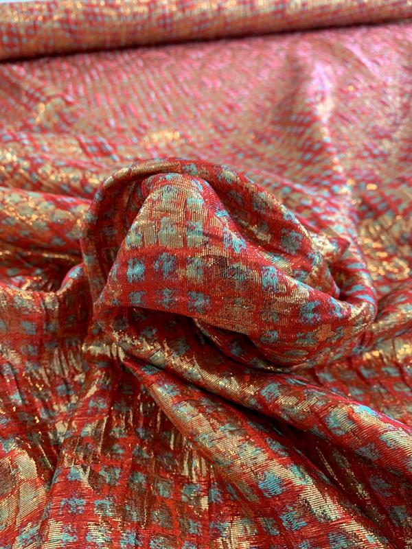 Italian Silk and Lurex Printed Lamé with Texture - Strawberry Red / Turquoise / Gold