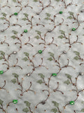 Vintage-Look Floral Embroidered Silk Organza with 3D Rosettes - Dusty Teal / Brown / Green