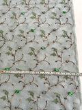 Vintage-Look Floral Embroidered Silk Organza with 3D Rosettes - Dusty Teal / Brown / Green