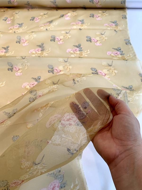 Vintage Distressed Finished Floral Printed Silk Organza Panel - Antique Gold / Earth