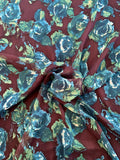 Watercolor Floral Printed Crinkled Silk Chiffon - Teal / Green / Maroon