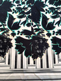 Italian Floral Frame Printed Stretch Twill Cotton Sateen Panel - Black / White / Green / Grey