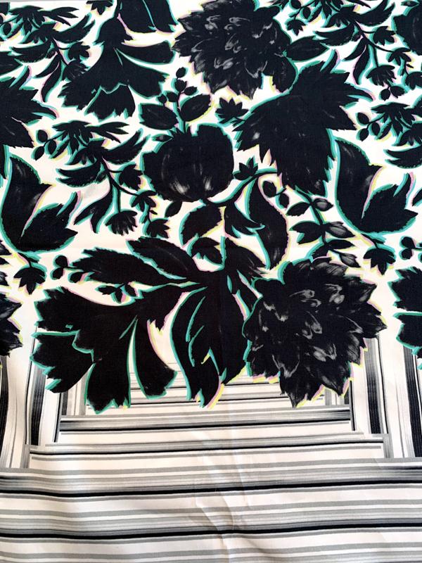 Italian Floral Frame Printed Stretch Twill Cotton Sateen Panel - Black / White / Green / Grey