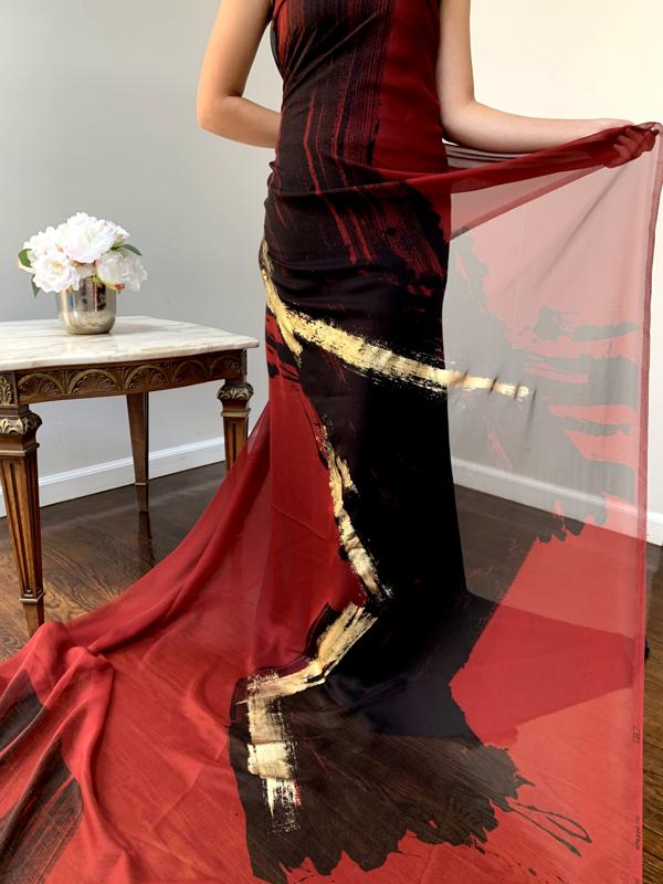 Paneled Italian J Mendel Large Scale Abstract Silk Chiffon with Gold Foil - Red/Black/Gold | FABRICS & FABRICS Fabrics & Fabrics Paneled Italian J Mendel Large Scale Abstract Silk Chiffon with Gold Foil - Red/Black/Gold | FABRICS & FABRICS Fabrics & Fabrics