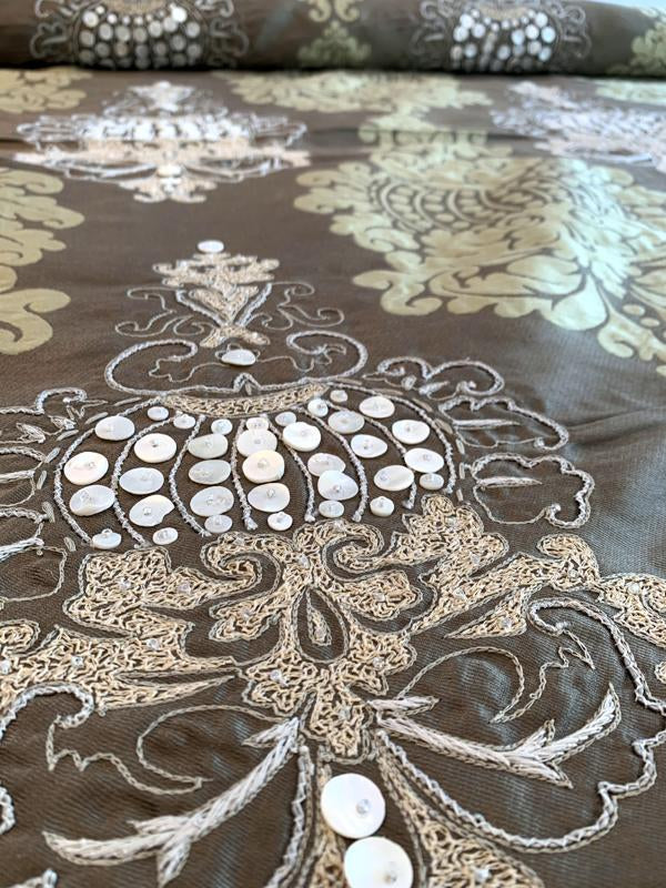 Damask with Threadwork and Embroidered Beads Novelty Brocade - Taupe / Ecru