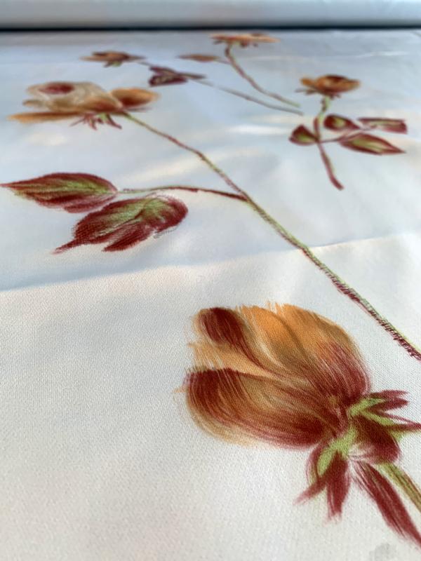 Made in France Vintage Embroidered and Hand Painted Floral Polyester Satin - Light Icey Blue / Maroon / Orange