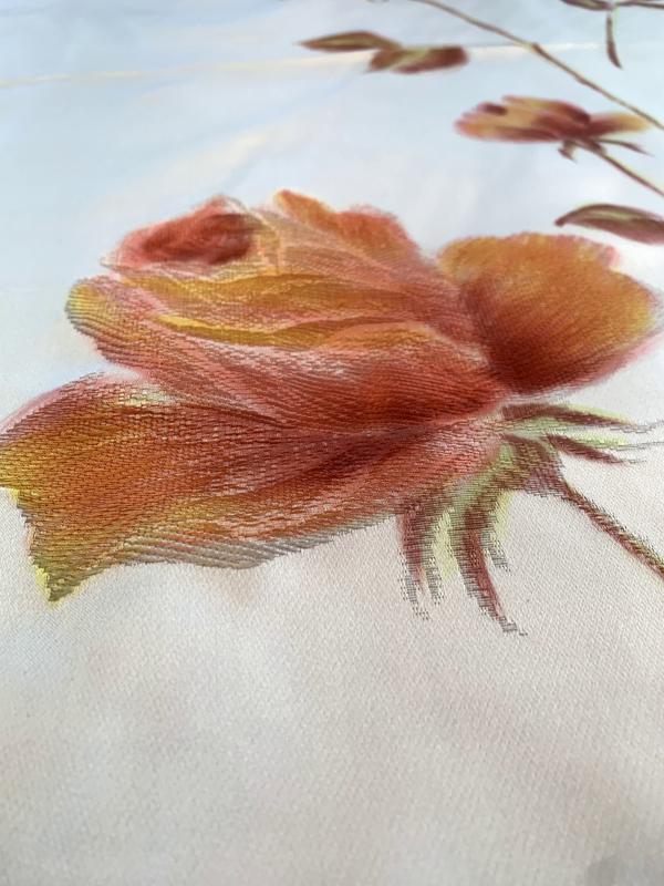 Made in France Vintage Embroidered and Hand Painted Floral Polyester Satin - Icey Beige / Hues of Orange