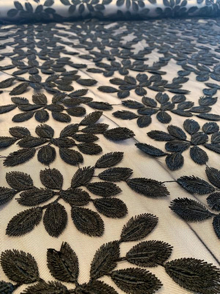 3D Embroidered Leaves on Polyester Tulle - Black
