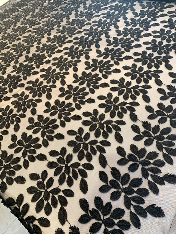 3D Embroidered Leaves on Polyester Tulle - Black