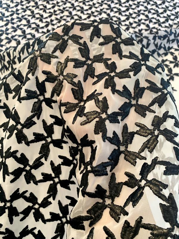 Italian Abstract Glossy Finish Embroidered Polyester Chiffon - Black / White