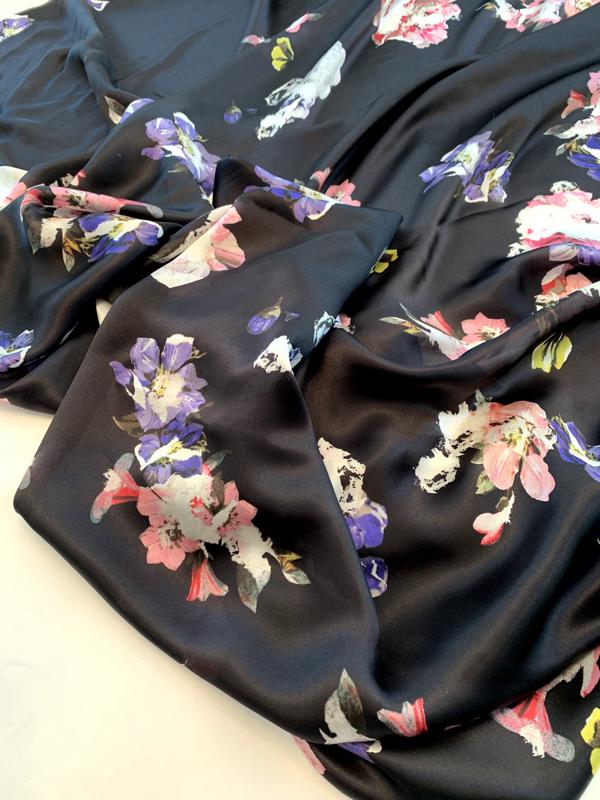 Italian Dynamic Floral Printed Silk Satin Chiffon Panel - Black / Multicolor