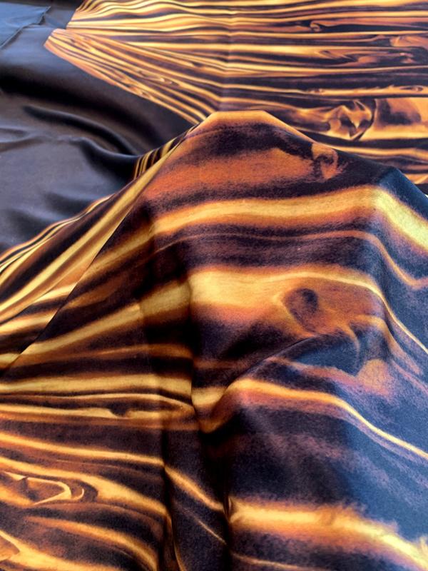 Italian Draped Fabric Image Printed Silk Charmeuse Panel - Black / Orange / Gold