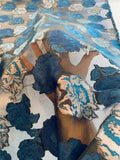 Floral Designer with Lurex on Polyester Organza - Teal Blue / Silver / Black