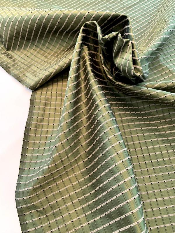 Woven Textured Windowpane Silk Taffeta - Antique Green / Sand / Black