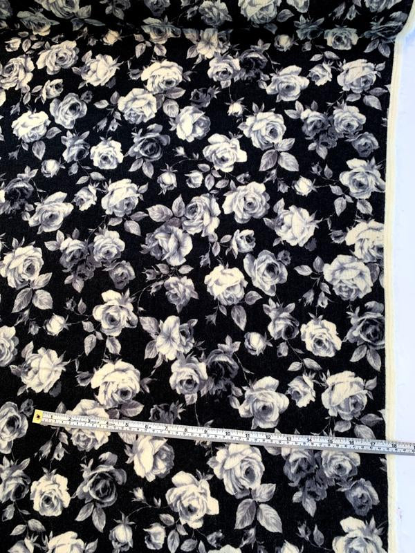Italian Floral Brushed Printed Wool - Black / White / Grey