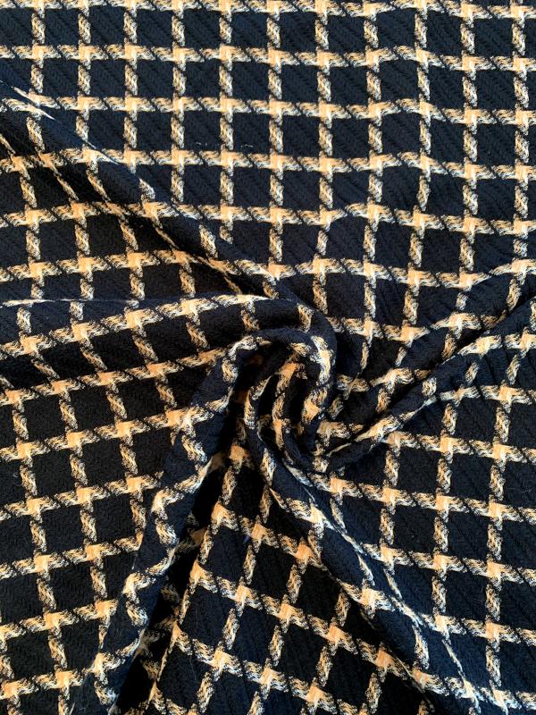 Italian Windowpane Pattern Virgin Wool Suiting - Black/Orange/Off-White ...