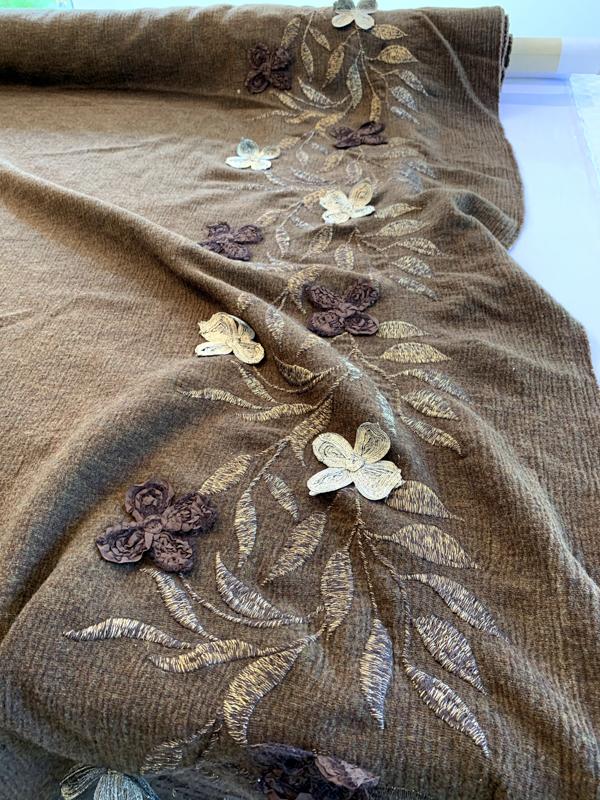 Italian Border Pattern Applique and Embroidered Heavy Brushed Wool Gauze - Brown / Gold