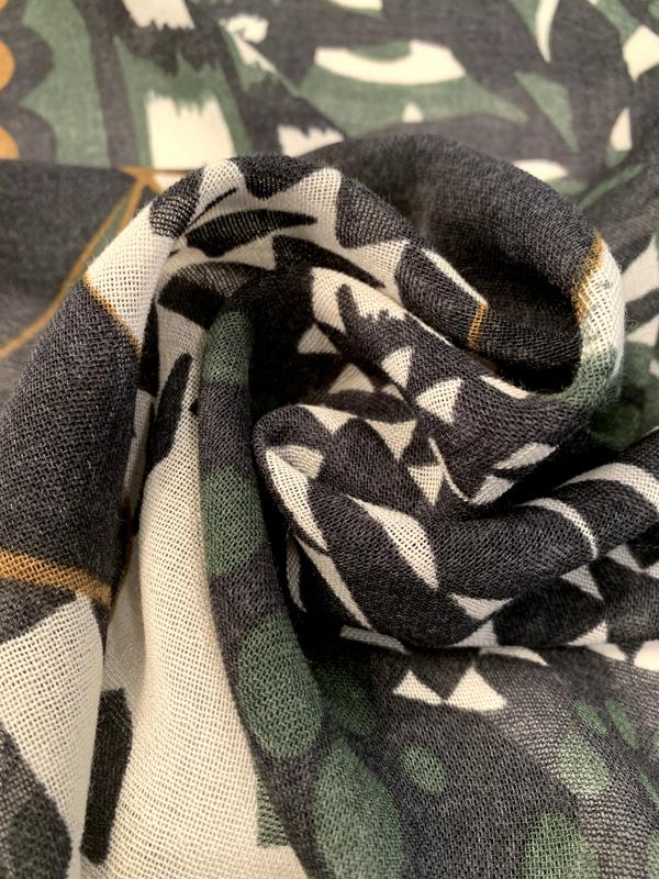 Italian Abstract Leaf Collage Printed Wool Rayon Challis - Army Green / White / Caramel / Charcoal