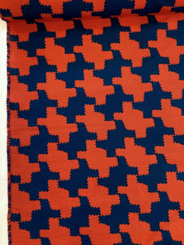 Large Scale Houndstooth Gabardine-Weave Suiting - Deep Orange / Blue