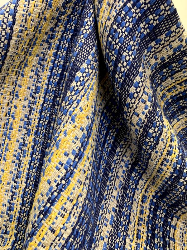 Italian Striped Woven Cotton Blend Suiting - Blue / Navy / Yellow / Off-White