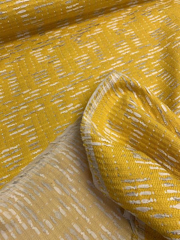 Oscar de la Renta Broken Striped Tweed Fused-Back Suiting - Yellow / White / Silver