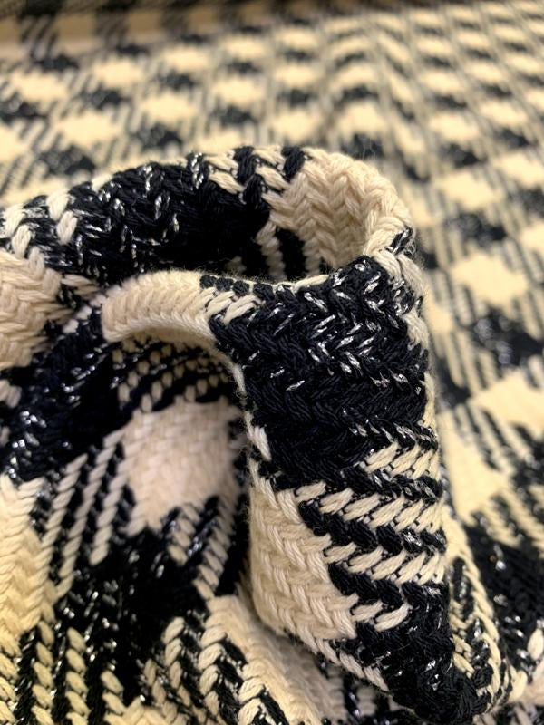 Italian Bold Gingham Woven Cotton Blend Tweed - Beige / Black / Silver