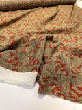 Vintage Floral Printed Crinkled Silk Crepe de Chine - Tan / Evergreen / Raspberry / Brown