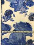 Italian Lela Rose Oversize Floral Fil Coupé Organza - Cornflower Blue / White