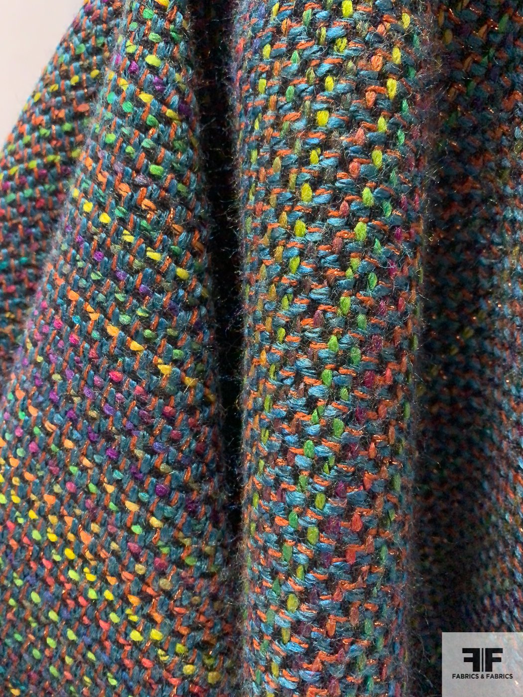 Italian Colorful Vertical Woven Striped Tweed with Lurex - Teal / Multicolor