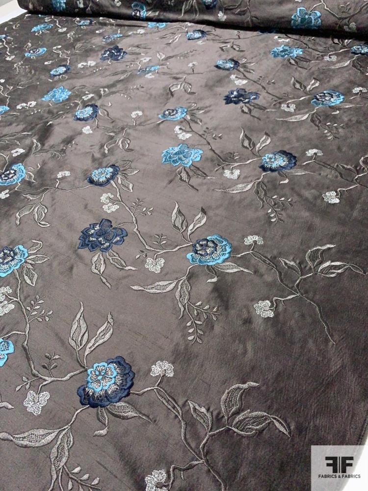 Italian Floral Embroidered Silk Shantung - Steel Grey / Blue / Turquoise / Silver