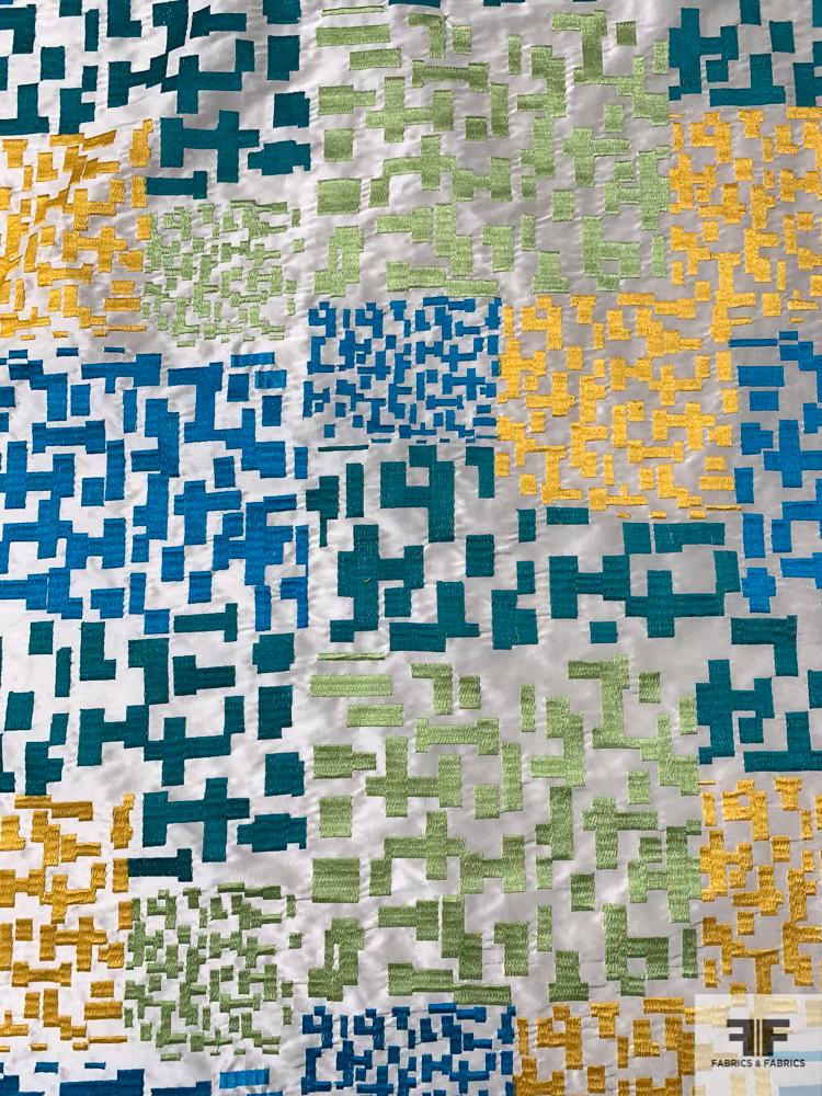 Italian Geometric Matrix Embroidered Silk Taffeta - Teal / Lime / Yellow / Ivory