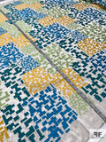Italian Geometric Matrix Embroidered Silk Taffeta - Teal / Lime / Yellow / Ivory